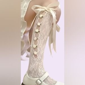 Coquette off white Lace Knee-High Socks with Satin Ribbon Bows & Rose Appliques